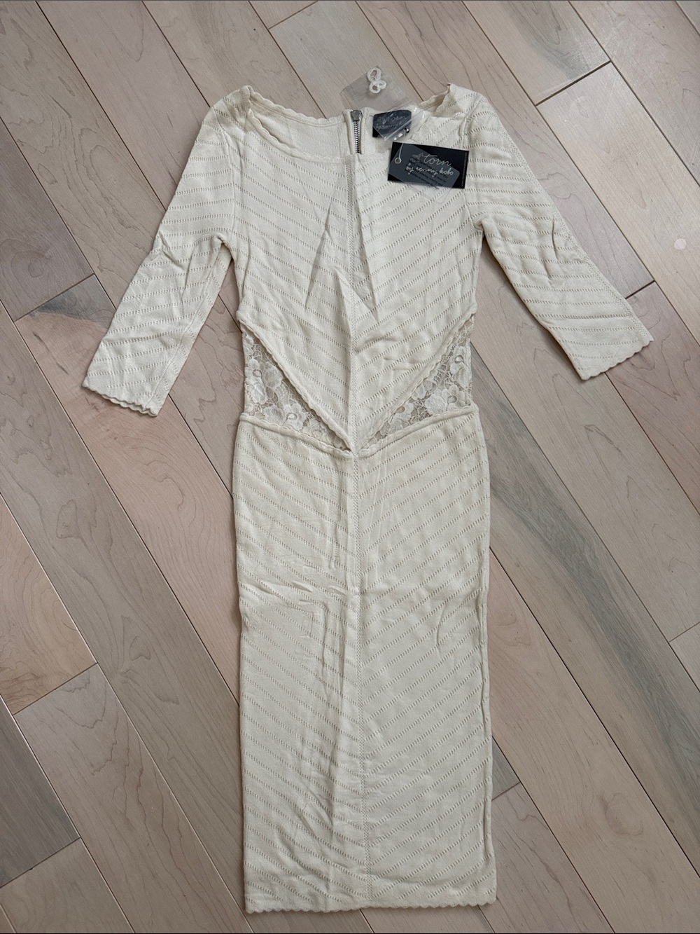 Torn by Ronny Kobo Cynthia soft Cream Knit Midi Dress with Lace cut out